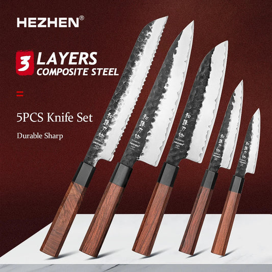 HEZHEN 1PC-5PC Kitchen Knife Set Chef Utility Stainless Steel 3 Layers Composite Steel Santoku Nakiri Kitchen Accessories